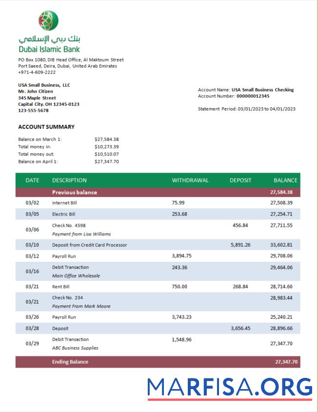 Downloadable Dubai Islamic Bank enterprise statement Word and PDF template